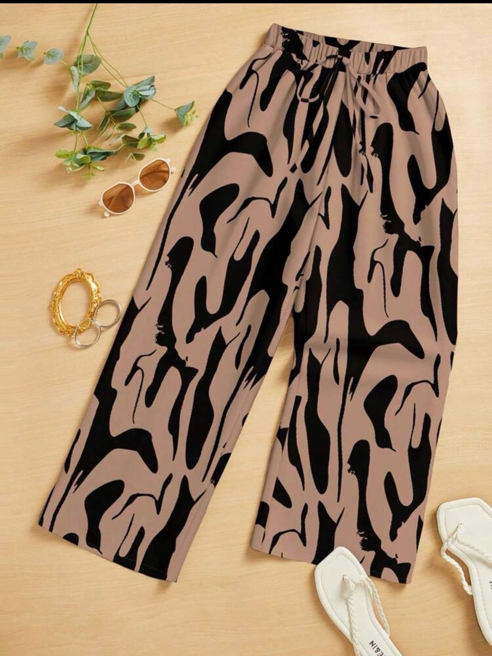 Fashion Nova Taupe & Black Abstract Wide Leg Pants - Picture 1 of 7